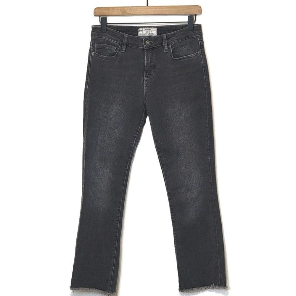 Free People Straight Leg Jeans Mid Rise Raw Hem Ankle Crop Black Gray 27